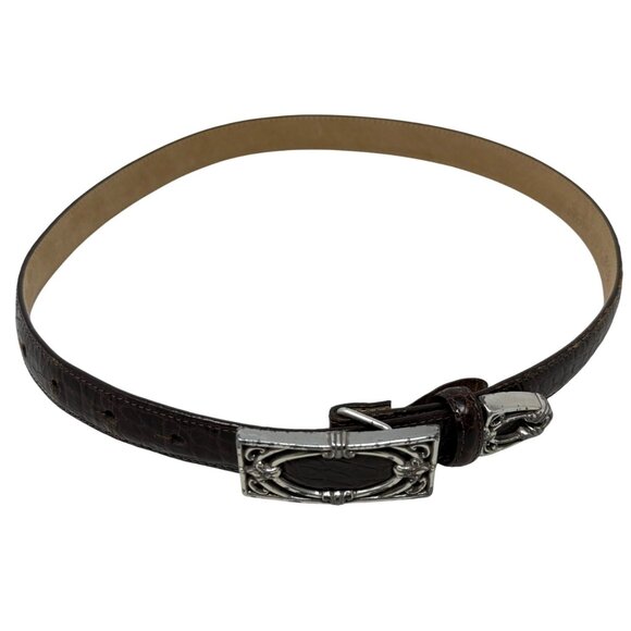 Vtg Brighton Croc Embossed Leather Belt Silver Buckle Size Med Approx 28 - 32” - Picture 3 of 11